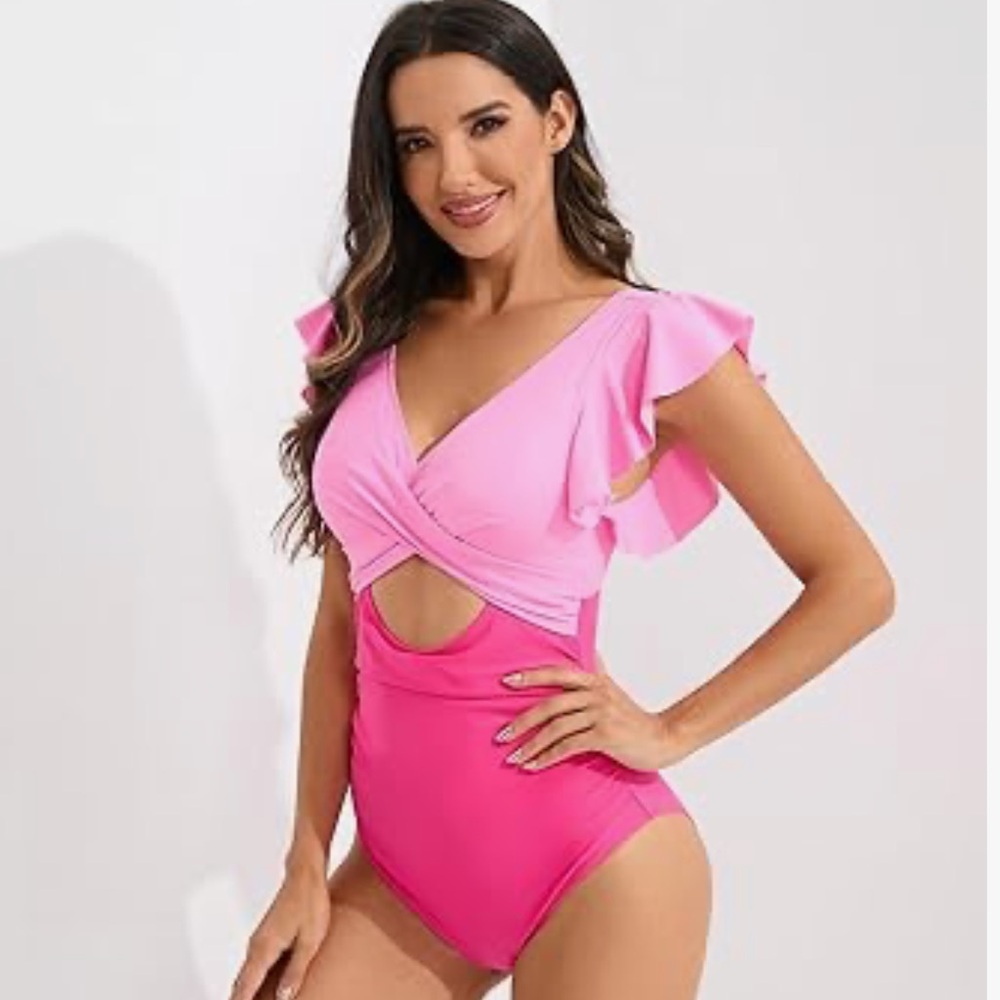 NWT One Piece Cut Out Ruffle Top Two Tone Pink Swim Suit Size Small